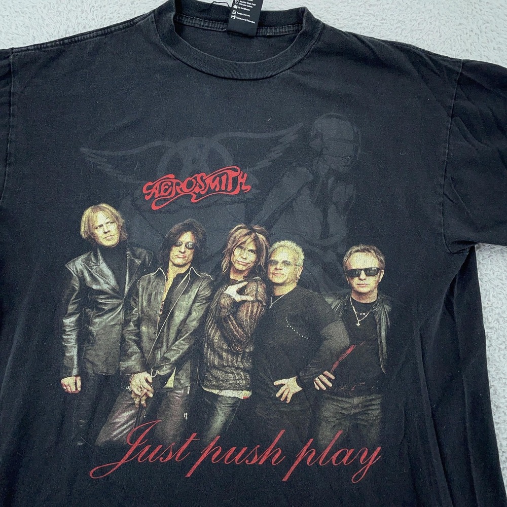 Vintage Aerosmith Shirt Mens Large Black Just Push Play Tour 2001 Band Rock‎